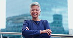 Crossed arms, business and face of senior woman with confidence, pride and happy on office balcony. Corporate manager, professional worker and portrait of person for career ambition, working and job