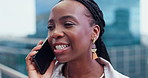 Black woman, phone call and business discussion in city, balcony or rooftop for outdoor communication. Face of African female person or employee talking on mobile smartphone for conversation in town