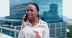 Phone call, rooftop and business black woman in city for social networking, discussion and connection. Corporate, professional and worker on smartphone for talking, conversation and chat in building