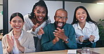Business people, applause and happy team in celebration for success, winner or congratulations. Face, portrait or group clapping hands for achievement, praise or cheers at conference meeting together
