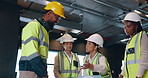 Engineer group, laptop and handshake for planning, strategy or project for construction, design or architecture. Architect team, men and women for blueprint by computer, meeting or agreement on deal
