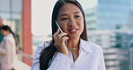 Business, woman and phone call with discussion outdoor on rooftop for networking and corporate deal. Entrepreneur, asian employee and smartphone with communication, talking and conversation in city