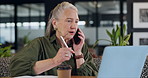 Senior, woman and phone call with writing in cafe for networking, conversation or business chat. Entrepreneur, elderly person or smartphone with communication for faq, consultant or talking to client