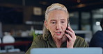 Senior, woman and phone call with communication in cafe for networking, conversation and business chat. Entrepreneur, person and smartphone with laptop for planning, consultant and talking to client