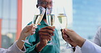 Toast, Champagne in hands and glasses to celebrate and business people outdoor for success together and corporate achievement. Cheers, alcohol drinks and winning at office with support and teamwork