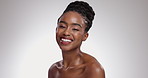 Woman, portrait and happy with skincare in studio for glowing skin, wellness and detox with chemical peel. African model, face and mockup for facial treatment, body care or beauty on white background