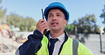 Walkie talkie, engineer and man with communication, construction site or inspection with helmet. Architecture, person or employee with a hard hat, radio or project management with building contractor
