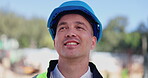 Happy man, engineering or thinking of construction site, architecture or building ideas for maintenance. Confident, future or inspiration with a proud builder, handyman or contractor in safety helmet