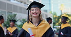 Happy woman, graduation and certificate of student with diploma, education or learning at outdoor campus. Portrait of female person or graduate smile with qualification, degree or achievement in city
