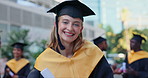 Happy woman, graduation and certificate of student with degree, qualification or diploma at outdoor campus. Portrait of young female person or graduate smile in success for achievement in city