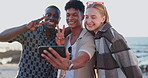Beach, happy and selfie of friends in city for bonding, relaxing and social gathering outdoors. Peace sign, fashion and group of men and women take profile picture on holiday, vacation and weekend
