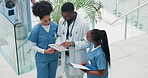 Doctors, nurses and people on tablet for teamwork, healthcare research and hospital planning with checklist. Medical staff with digital technology, charts and clipboard for solution or services above