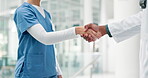 Handshake, greeting and doctor meeting in hospital, partnership and agreement on healthcare. B2b, collaboration and hello or welcome for onboarding in clinic, introduction and trust in cooperation