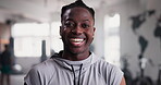 Black man, face and happy for fitness in gym, membership and confident in training wellness for healthy body. African person, pride and sports portrait for commitment and positive in exercise class