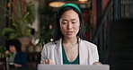 Woman, video call and restaurant with laptop, remote work and conversation for project, meeting and internet. Discussion, job  and explain feedback to copywriter and working on social media campaign
