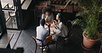 Business lunch meeting, discussion and people at a cafe planning, conversation or sharing project ideas. Work friends, restaurant and management team with brunch, meal or top view of afternoon break