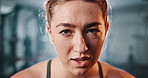 Face, gym and tired with woman, training and exercise with endurance and challenge with progress. Portrait, person or girl with fitness or exhausted with workout and health with wellness or breathing