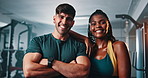 Face, gym and friends with wellness, fitness and workout with progress and training with coaching. Portrait, man and woman in a health center and exercise with endurance and challenge with energy