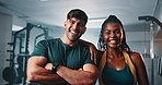 Face, gym and people with exercise, fitness and workout with progress or training with wellness. Portrait, man or woman in a health center or coaching with endurance or challenge with energy or smile