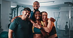 Gym, group hug and friends happy for fitness, physical activity or exercise for sports commitment. Happiness, portrait and team of bodybuilder embrace for community, training or challenge performance
