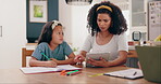 Child, mother and tablet with learning for homework, education and homeschooling on dining table in lounge. Family, woman and girl kid with technology for studying, reading and teaching knowledge