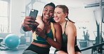 Selfie, fitness and girl friends in gym for health, wellness and body exercise together. Happy, sports and young women athletes with photography picture for workout in training center or studio.