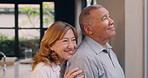 Hug, love and senior couple by window for bonding, happiness and loving relationship in morning. Retirement home, marriage and mature man and woman embrace for care, commitment and support in house