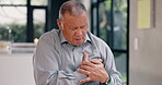 Old man, heart attack and cardiovascular health with chest pain, risk of hypertension and digestion fail. Cardiology, lungs and stroke, sick at home and angina from stress or anxiety with heartburn