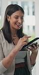 Business woman, tablet and smile in a office with internet, social media and web scroll on break. Happy, creative agency and online writer with blog and digital work on tech at a journalist workplace