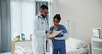 Doctors, nurse and teamwork with hospital folder, medical charts or documents for healthcare planning or solution. Professional medical people with paper, results and thinking of strategy in clinic