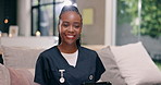 Nurse, face and smile as medical support for patient helper or advice, insurance or healthcare. Black woman, scrubs and professional career for client trust or illness treatment, clinic or check up