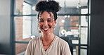 Face, smile and business woman in office of company, laughing with carefree expression for career. Portrait, happy and funny with confident young administration employee at workplace for opportunity