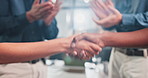 Business people, clapping and shaking hands for meeting success, b2b deal and agreement, promotion or thank you. Professional group and team handshake for congratulations, celebration and applause