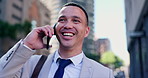 Phone call, business man and discussion, chat in city for communication and deal negotiation, travel and networking. Connectivity, urban and talking on smartphone, corporate contact and opportunity