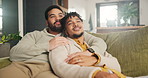 Home, hug and relax with gay couple on a sofa, relationship and happiness with weekend break and peaceful. Queer people, apartment and men on a couch, marriage and embrace with love, smile or support