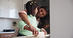 Mother, daughter and support in kitchen with baking, rolling pin and teaching for child development. Family, woman and girl kid with cooking, dough and learning for cookies, cake and dessert in home 