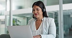 Business woman, call center consultant and laptop for customer service, support or advice in office. Professional Mexican advisor or happy agent in headphones for contact us or e commerce on computer