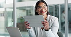 Thinking, happy or businesswoman with tablet or ideas for blog, post or social media research in office. Digital agency, tech or social media manager reading online or planning for update with smile