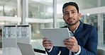 Business man, thinking and planning on tablet for ideas and stock market solution in office. Young trader or corporate employee with vision, online goals or target with laptop and digital technology