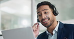 Laptop, problem solving and business man in call center with headset for customer support or service. Smile, computer and consulting with happy employee working in tech agency for contact us online