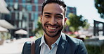 Face, happy and business man in street outdoor in the morning for travel, commute or trip. Portrait, smile and professional lawyer in city, attorney and employee working in Mexico for career or job