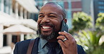 Phone call, smile and African businessman in city to work with communication for legal deal. Happy, talking and professional male attorney on mobile conversation for law case walking in urban town.