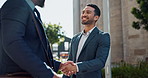 Business men, friends and handshake in city for greeting, hello and meeting with respect, smile and welcome. People, professional staff and happy for shaking hands, deal or agreement for networking