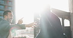 City, laughing and walking with corporate men outdoor together on morning commute to professional job. Collaboration, travel or back with business mentor and employee laughing on street of urban town