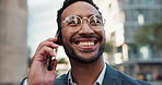 Asian businessman, phone call or happy by buildings in city, office view or talking by workplace in professional career. Young lawyer, chat or smartphone in connection or communication in cbd in town