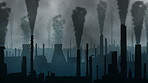 A factory town with chimneys blowing dark clouds of smog into the air. A coal mining town blowing polluted air into the environment from chimneys.