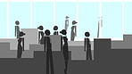 An animated group of businesspeople walking to board their flights in the airport. A cgi crowd of businesspeople walking through their office together