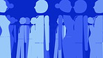 An animated graphic created with special effects of various businesspeople walking by each other on a blue background. A group of businesspeople making their way through the office