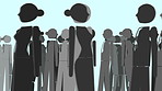 An animated graphic of a crowd of businesspeople travelling through an airport together. An animated group of businesspeople walking by one another