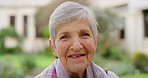 Portrait of happy senior woman with laugh, smile and happiness during retirement and free time standing outside in garden, park or backyard. Face elderly lady feeling confident, positive and content